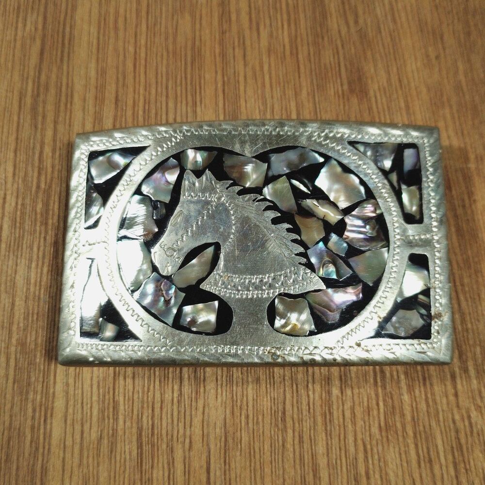 Vintage Mexico Silver Abalone Inlay Belt Buckle Horse Western Rodeo Festival